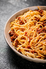 Ready made spaghetti bolognese on the table. 