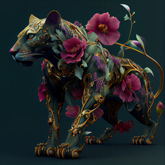 Mechanical Tiger with Rococo Flowers, AI