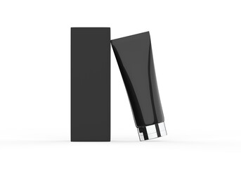 Realistic rendering of blank black cosmetics tube and box packaging isolated on white background. 3D Illustration.	