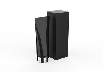 Realistic rendering of blank black cosmetics tube and box packaging isolated on white background. 3D Illustration.	