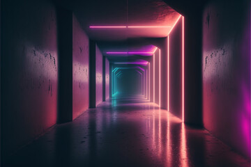 Futuristic Sc-Fi Modern Realistic Neon Glowing reflecting in wall. Generative AI