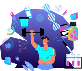 Biohacking concept of health body hacking program aimed at improving the body through medical research, nutrition and training. Medical technology to slow down aging and maintain health.