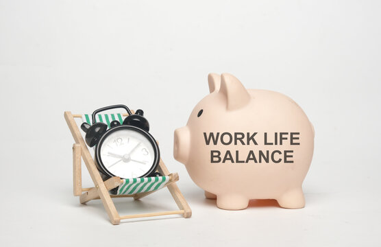 A picture of piggyback with worklife balance word, beach folding chair and alarm clock.