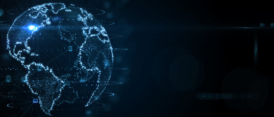 Map of the planet. World map. Global social network. Future. Blue futuristic background with planet Earth. 3d illustration.