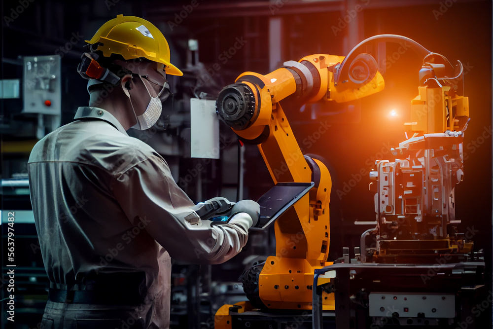 Poster industry 4.0 robot concept .engineers use tablet computer for machine maintenance, automation tools,