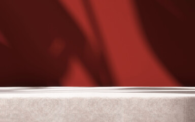 Table countertop, rose pink velvet tablecloth in sunlight, tropical leaf shadow on blank maroon red wall in background for luxury food, beverage, nature, organic beauty cosmetic product display 3D 