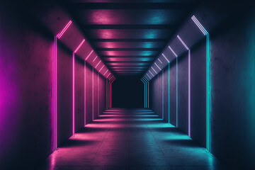 Futuristic Sc-Fi Modern Realistic Neon Glowing reflecting in wall. Generative AI