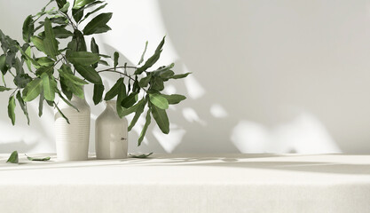 Table counter, green tree in white ceramic vase on beige tablecloth in sunlight, tropical leaf shadow on wall background for luxury food, beverage, nature, organic beauty cosmetic product display 3D