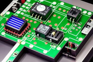 Closeup of electronic circuit board pcb with microscopic detailed parts, ai generated