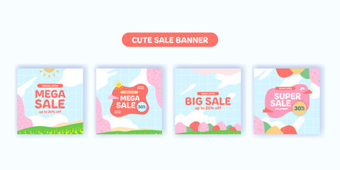 set of sale offer discount promotion square banner for kid children playful kawaii korean style element