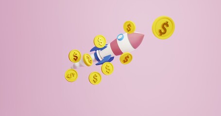 3d render of a rocket and lots of gold coins