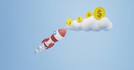 3d rendering of a rocket and lots of gold coins on a cloud