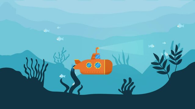Underwater sea landscape with submarine 2d animation in 4K UHD 3840x2160