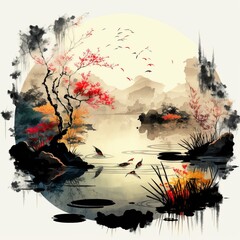 Pond in Chinese Brush Painting (generative AI)
