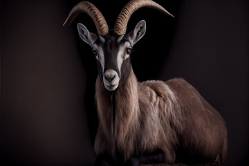 Portrait of a alpine ibex on a black background. generative ai