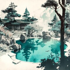 Swimming Pool in Chinese Brush Painting (generative AI)