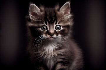 Fototapeta na wymiar Portrait of a baby kitten on a black background. generative ai
