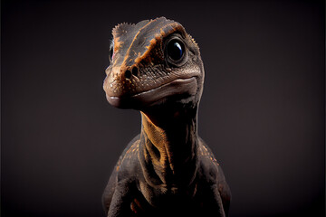 Portrait of a baby dinosaur on a black background. generative ai