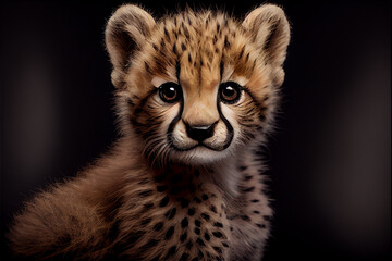 Portrait of a baby cheetah on a black background. generative ai