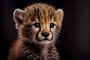 Portrait of a baby cheetah on a black background. generative ai