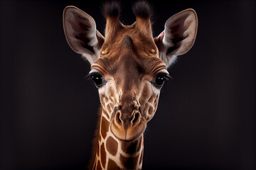 Naklejki  Portrait of a baby giraffe on a black background. generative ai