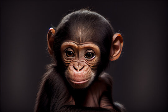 Portrait of a baby bonobo monkey on a black background. generative ai
