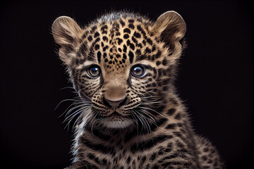 Portrait of a baby leopard on a black background. generative ai