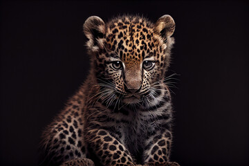 Portrait of a baby leopard on a black background. generative ai