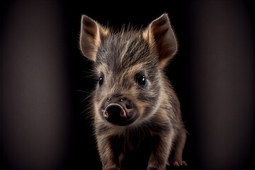 Portrait of a baby wild hog on a black background. generative ai