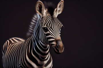 Fototapeta na wymiar Portrait of a baby zebra on a black background. generative ai