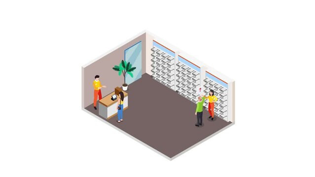 Optics store with people choosing and buying eyeglasses 3d animation in 4K UHD 3840x2160