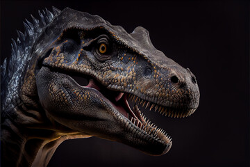 Portrait of a dinosaur on a black background. generative ai
