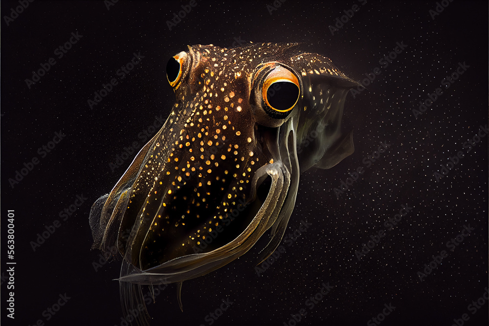 Wall mural Portrait of a squid on a black background. generative ai