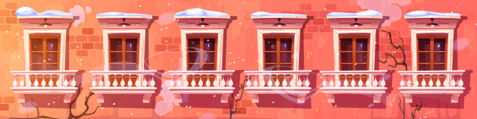 Old apartment house facade at winter, white classic window frames, cracks and damages on red brick wall, vintage outdoor lamps. Urban architecture snowy day. Neighborhood cartoon vector illustration