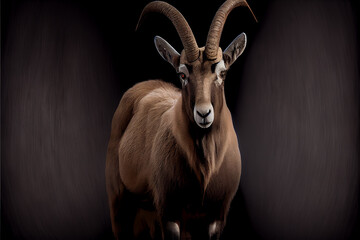 Portrait of a alpine ibex on a black background. generative ai