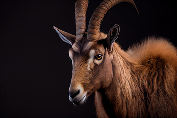 Portrait of a alpine ibex on a black background. generative ai