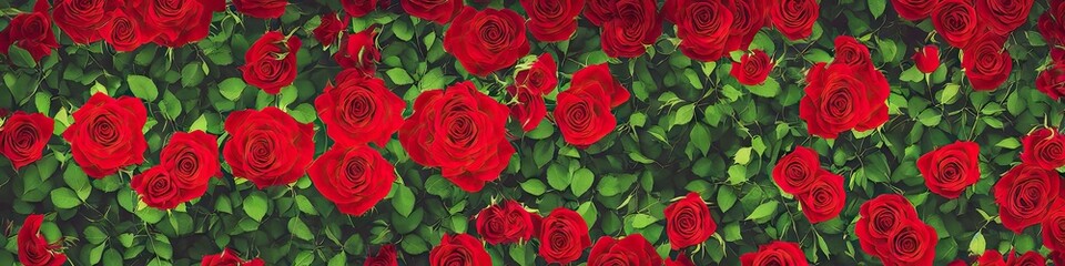 Gorgeous red roses - panoramic illustration of colorful red rose flowers. Showing pretty petals, these fragile plants are eye-appealing and beloved. Made by generative AI