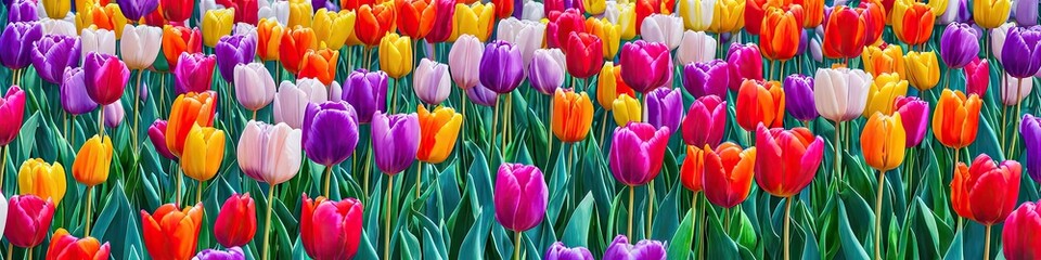 Fototapeta premium Gorgeous flowers - panoramic illustration of colorful flowers. Showing pretty petals, these fragile plants are eye-appealing and in spring pastels. Made by generative AI