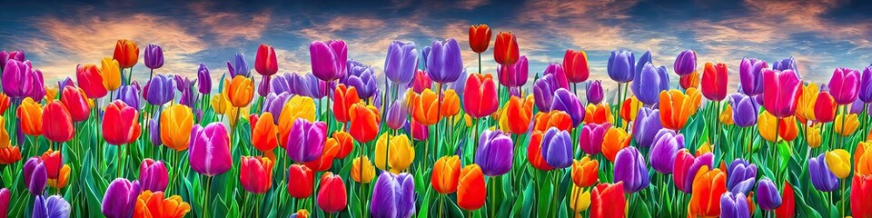 Obraz premium Gorgeous flowers - panoramic illustration of colorful flowers. Showing pretty petals, these fragile plants are eye-appealing and in spring pastels. Made by generative AI