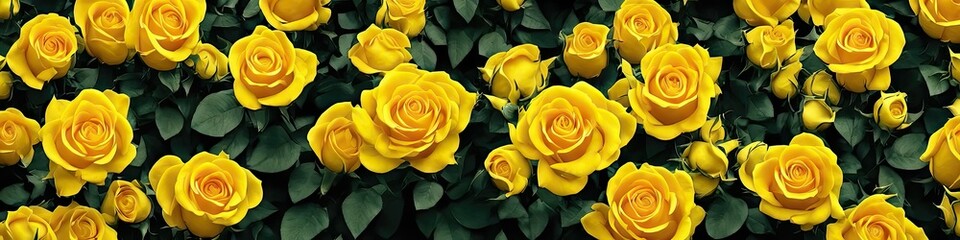 Gorgeous yellow roses - panoramic illustration of colorful yellow flowers. Showing pretty petals, these fragile plants are eye-appealing and beloved. Made by generative AI