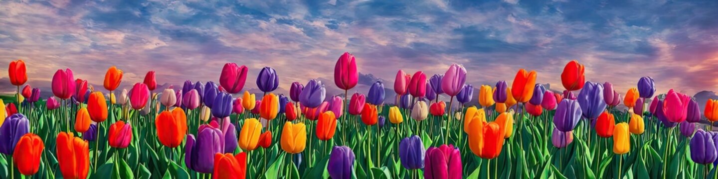 Gorgeous flowers - panoramic illustration of colorful flowers. Showing pretty petals, these fragile plants are eye-appealing and in spring pastels. Made by generative AI