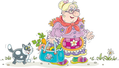 Funny chubby housewife and a her merry cat walking with a bag full of groceries after shopping, vector cartoon illustration isolated on a white background