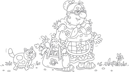 Funny chubby housewife and a her merry cat walking with a bag full of groceries after shopping, black and white outline vector cartoon illustration for a coloring book