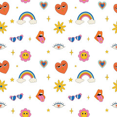 Valentines day seamless pattern with cute motifs in 90s style. Background with rainbows, heart, flower, lips and various retro icons. 