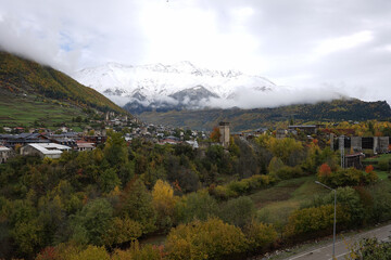 Mestia village town with beautiful autumn mountain landscape of the Caucasus mountain range