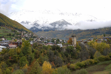 Mestia village town with beautiful autumn mountain landscape of the Caucasus mountain range