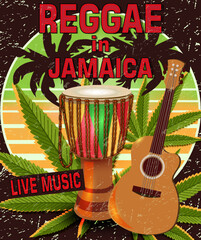 Reggae in Jamaica typography poster with musical instruments,marijuana on colorful background.
