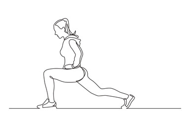 continuous line drawing vector illustration with FULLY EDITABLE STROKE of female athlete stretching legs