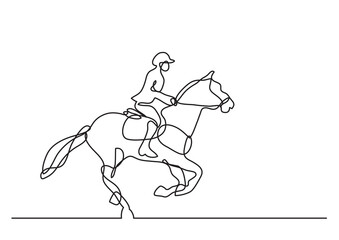 continuous line drawing vector illustration with FULLY EDITABLE STROKE of jockey riding horse