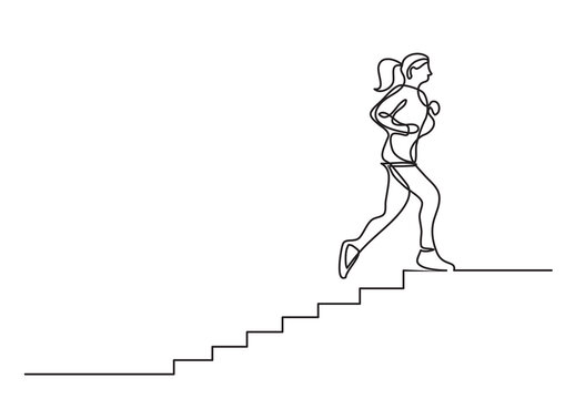 continuous line drawing vector illustration with FULLY EDITABLE STROKE of drawing woman running on stairs